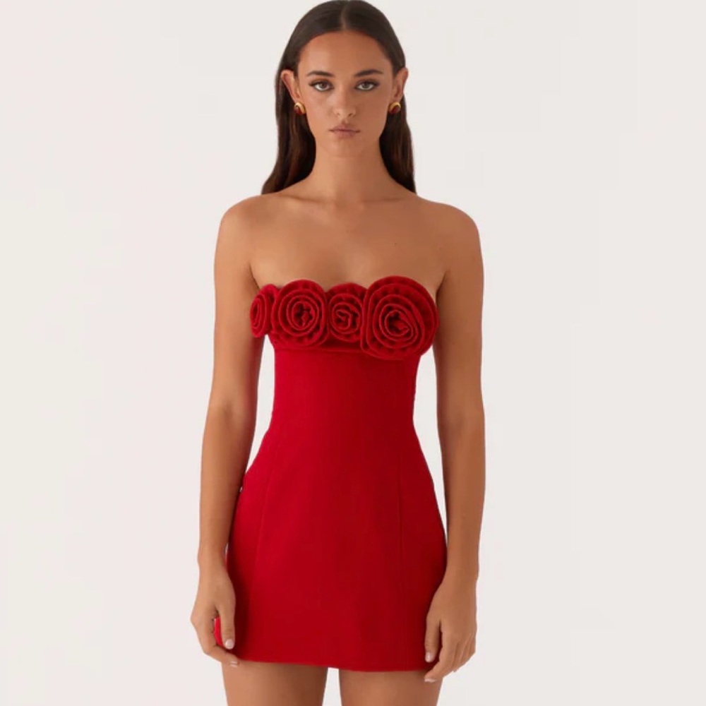 NWT Peppermayo Patsie Strapless Red Rose-Detail Mini Dress